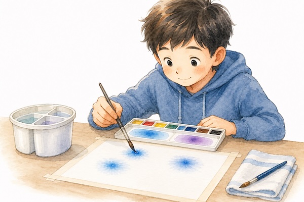 透明水彩のにじみで、湿った紙の上に1色目の絵の具をそっと置いている男の子のイラスト