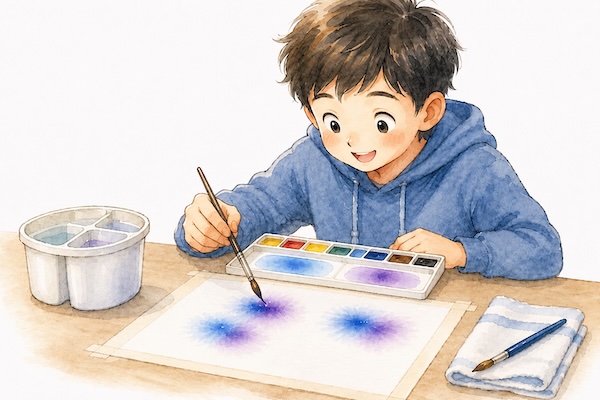 透明水彩のにじみで、湿った紙の上に2色目の絵の具をそっと置いている男の子のイラスト