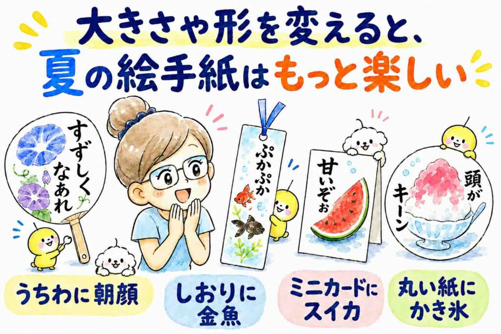うちわ、しおり、ミニカード、丸い紙に描く夏の絵手紙アイデア