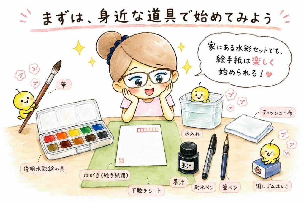 ポメ子が、はがき・透明水彩絵の具・筆・水入れ・ティッシュや布・耐水ペン・筆ペン・墨・下敷き・消しゴム印など、絵手紙に使う道具を前にしてわくわくしている初心者向けイラスト