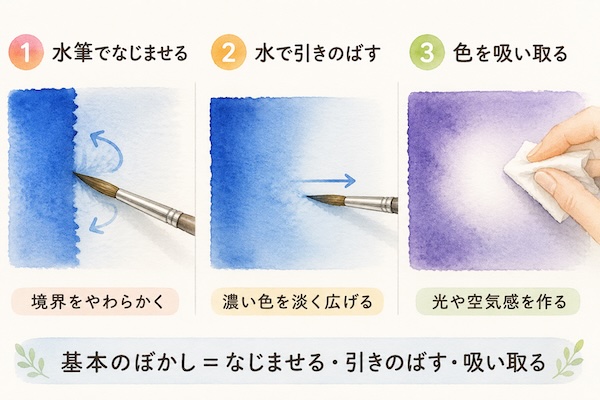 透明水彩の基本のぼかしで、水筆でなじませる・水で引きのばす・色を吸い取る3つの方法を説明した図