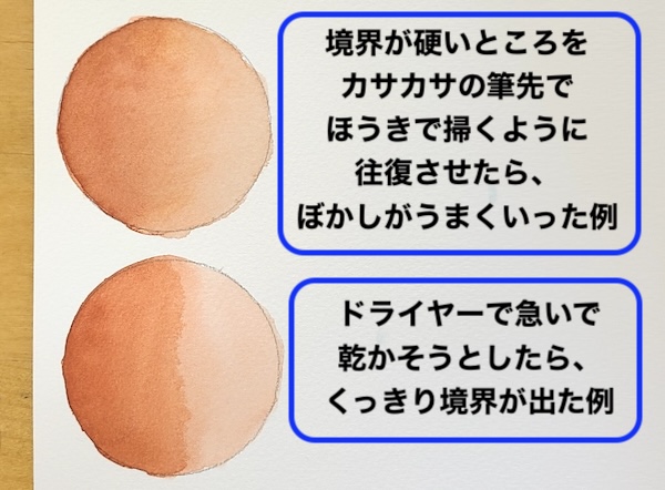 透明水彩のぼかしで、やさしく境界をなじませた成功例と、ドライヤーで急いで乾かして境界が出た失敗例