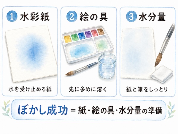 透明水彩のぼかしを成功させる紙・絵の具・水分量の3条件を説明した図