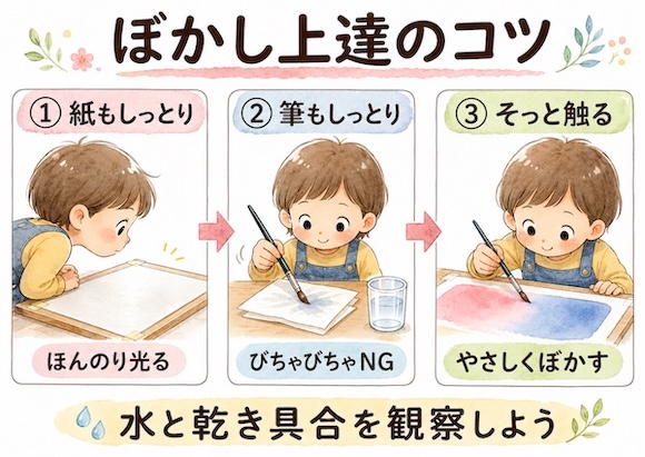 透明水彩のぼかし上達に必要な紙と筆の水分量、乾き具合をまとめた解説図 