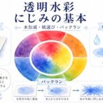 透明水彩のにじみの基本を、水加減・紙選び・バックランの3つのポイントと二重の色相環でまとめたアイキャッチ画像