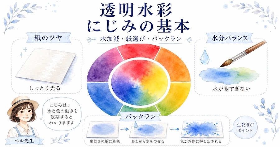 透明水彩のにじみの基本を、水加減・紙選び・バックランの3つのポイントと二重の色相環でまとめたアイキャッチ画像