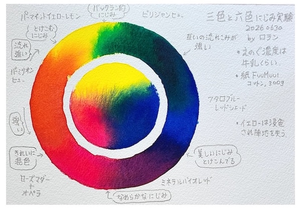 乾燥後のにじみ色相環。内側に三原色の混色、外側に6色の色相環が残っている写真