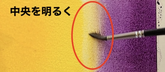 補色グラデーションの２色が混じり合う境界を、水分の少ない水筆で軽くなぞって明るさを出している写真