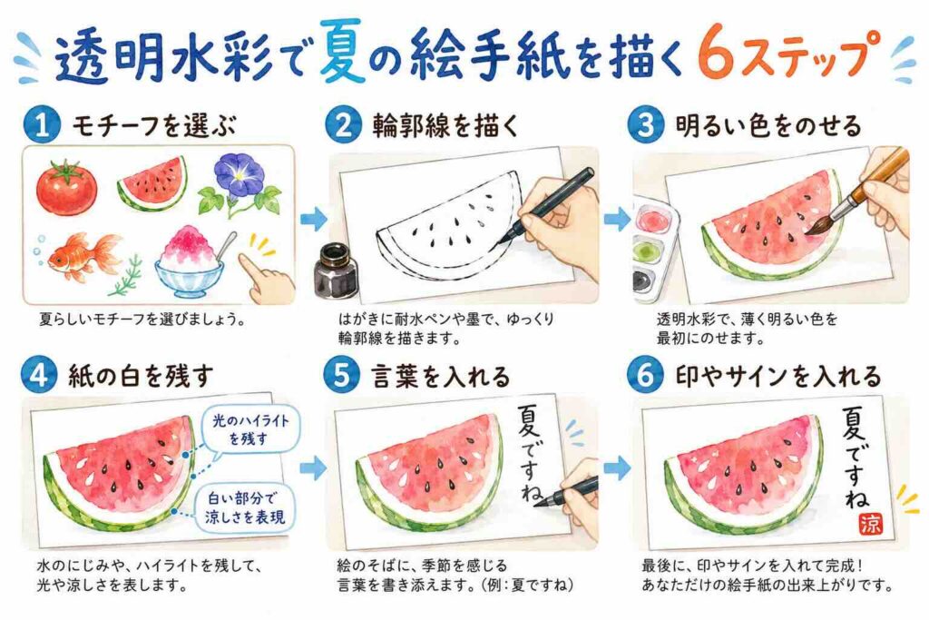 透明水彩で夏の絵手紙を描く6つの手順をまとめた図