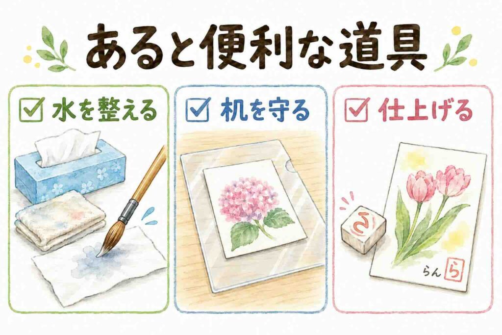 絵手紙で使うと便利な小物をまとめたチェックリスト図