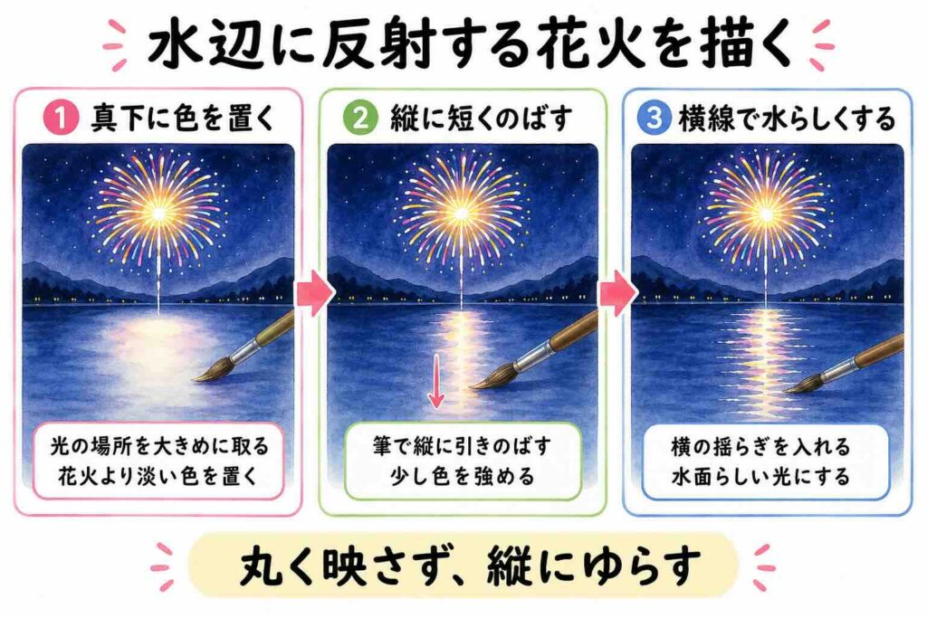 水面に反射する花火を水彩で描く方法
