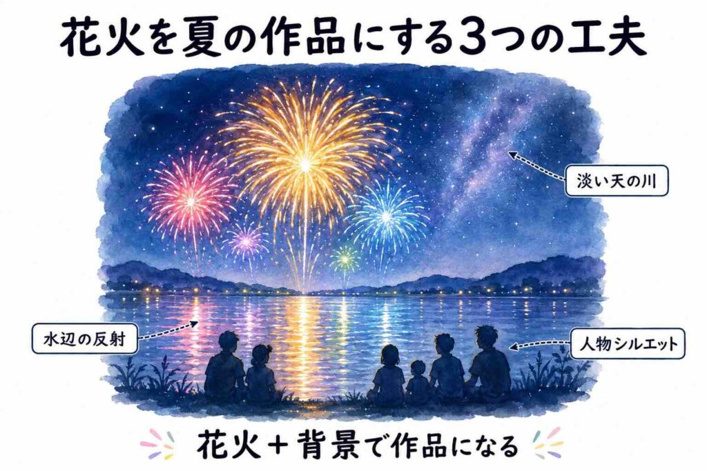 水辺の反射と天の川と人物を入れた花火の水彩画作品イメージ