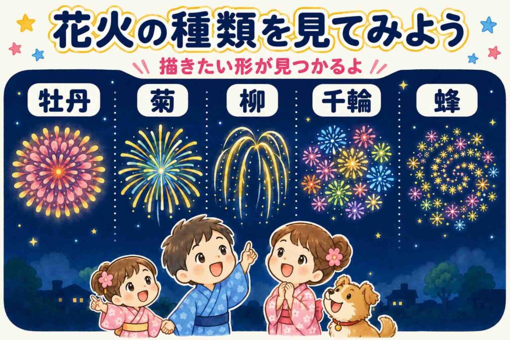 水彩画で描きやすい花火の種類を、かわいいイラストで紹介した図