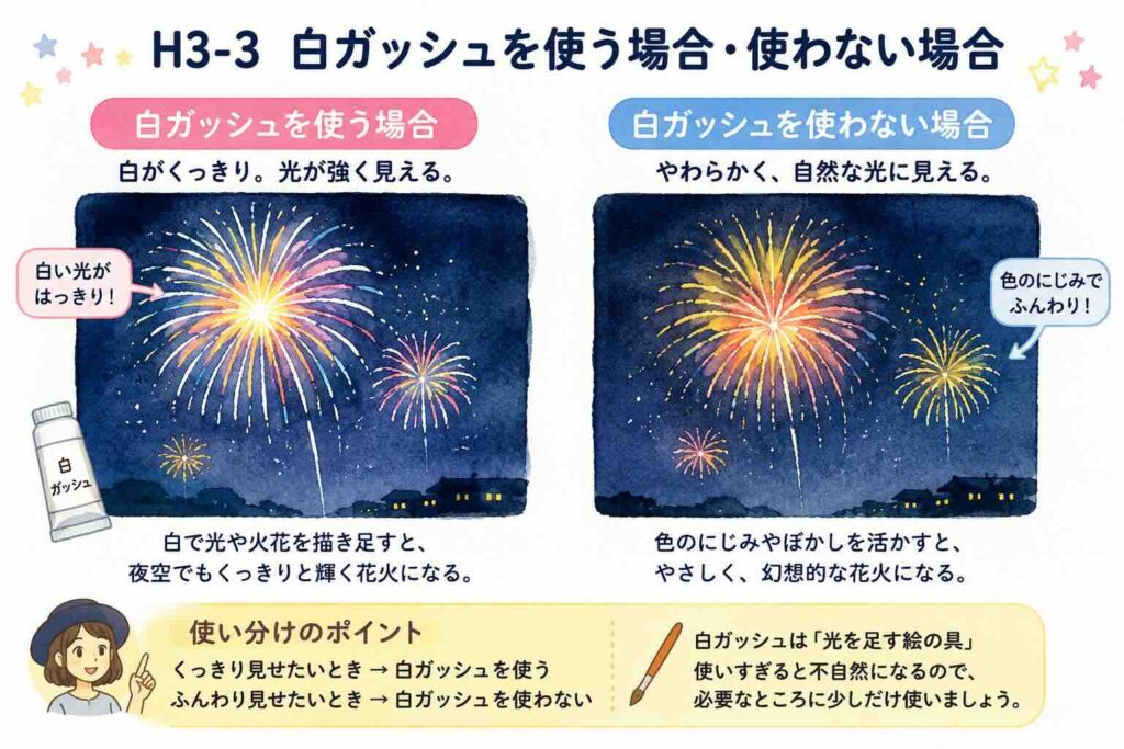 花火の水彩画で紙の白を残す方法と白ガッシュを使う方法の比較