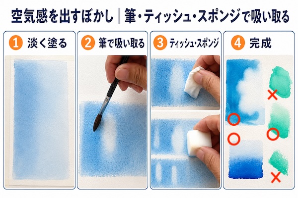 透明水彩で筆やティッシュ、スポンジを使って色を吸い取り、明るい部分を作る手順写真
