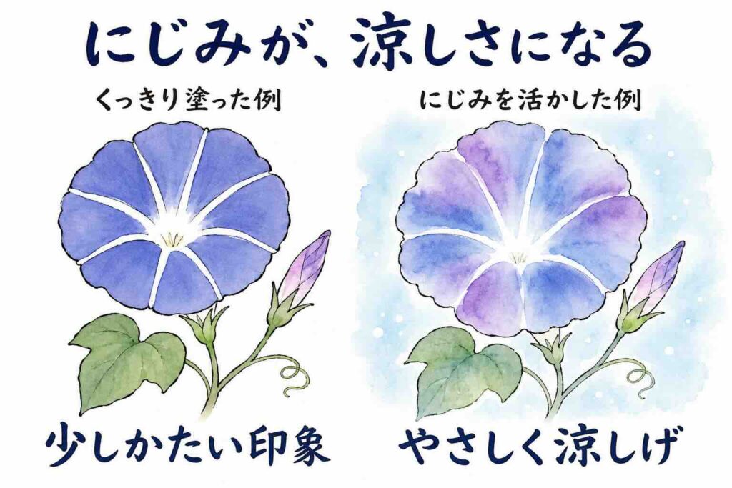 透明水彩のにじみを活かした朝顔の絵手紙比較図