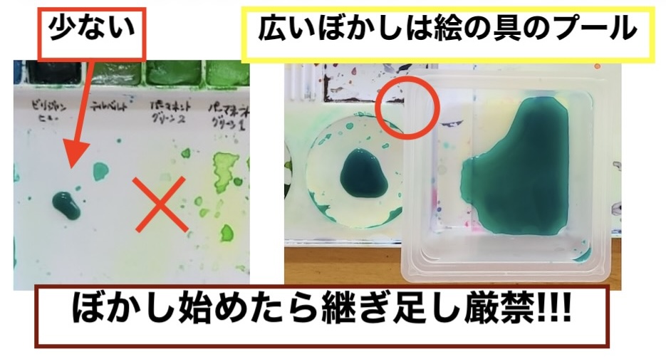 透明水彩のぼかしで使う絵の具をパレットにたっぷり溶いて準備した写真