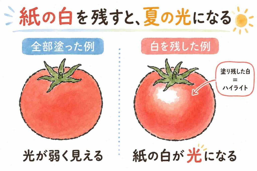 透明水彩の絵手紙で紙の白を残して光を表す比較図