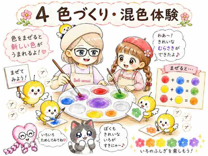 ベル先生とポメ子、モップーたちが絵の具を混ぜて新しい色を作っているイラスト