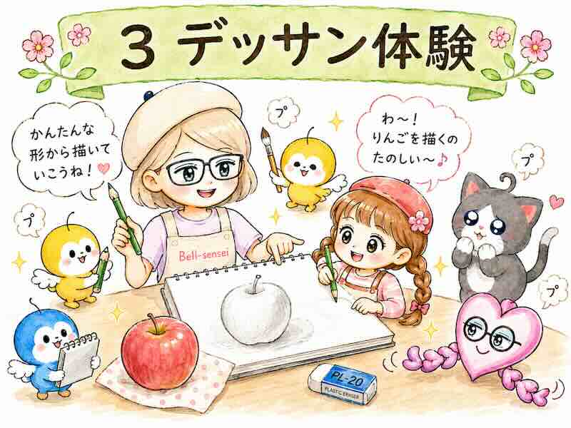 ベル先生とポメ子がりんごを観察しながら鉛筆デッサンをしているイラスト