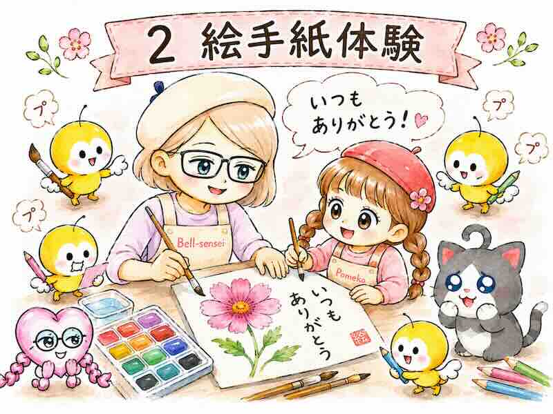 ベル先生とポメ子、モップーたちが花を描いて絵手紙を作っているイラスト