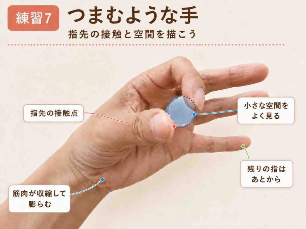 つまむような手で指先の接触点、小さな空間、筋肉の収縮によるふくらみを示したデッサン解説図