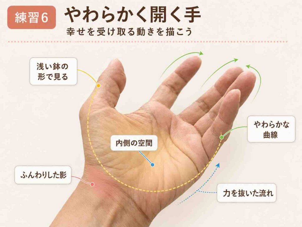 やわらかく開いた手を浅い鉢の形として捉え、指の曲線や内側の空間、柔らかな影を示したデッサン解説図