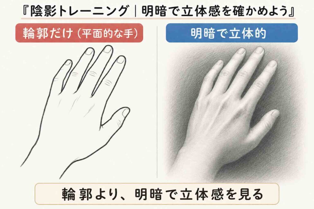 濃い輪郭線だけで平面的に描いた手と、輪郭線に頼らず明暗と背景のコントラストで立体感を表した手を比較したデッサン練習用の解説図