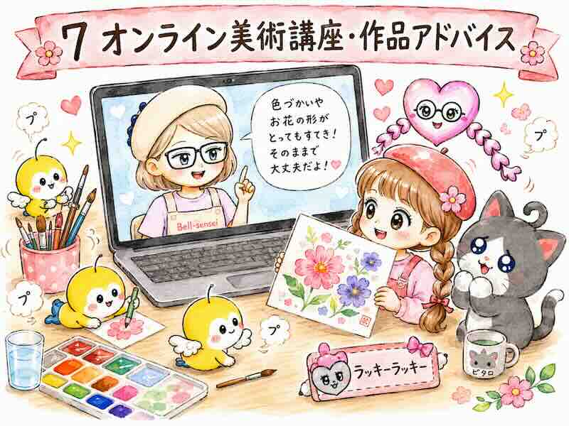 パソコン画面のベル先生からポメ子が作品のアドバイスを受けているオンライン美術講座のイラスト