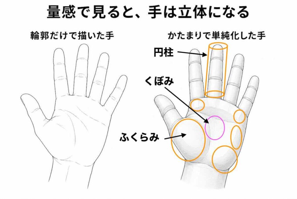 輪郭だけで描いた手のひら側の手と、指を円柱、手のひらを厚みのあるかたまりとして単純化した手を比較したデッサン練習用の解説図