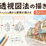 二点透視図法の描き方を初心者向けに解説し、一本の縦線から箱、建物、街へ発展する流れを示したアイキャッチ画像