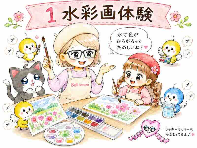 ベル先生とポメ子、モップーたちが水彩画を楽しんでいるワークショップのイラスト