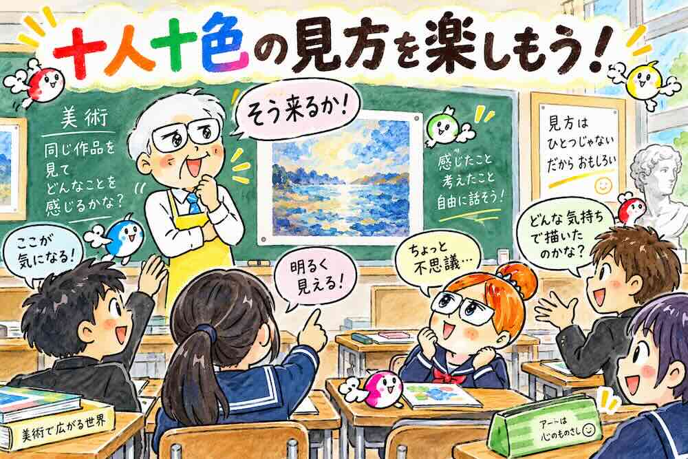 美術の授業で教師と中学生たちが同じ作品を見ながら、十人十色の見方や感じ方を自由に話し合う対話型鑑賞のイラスト