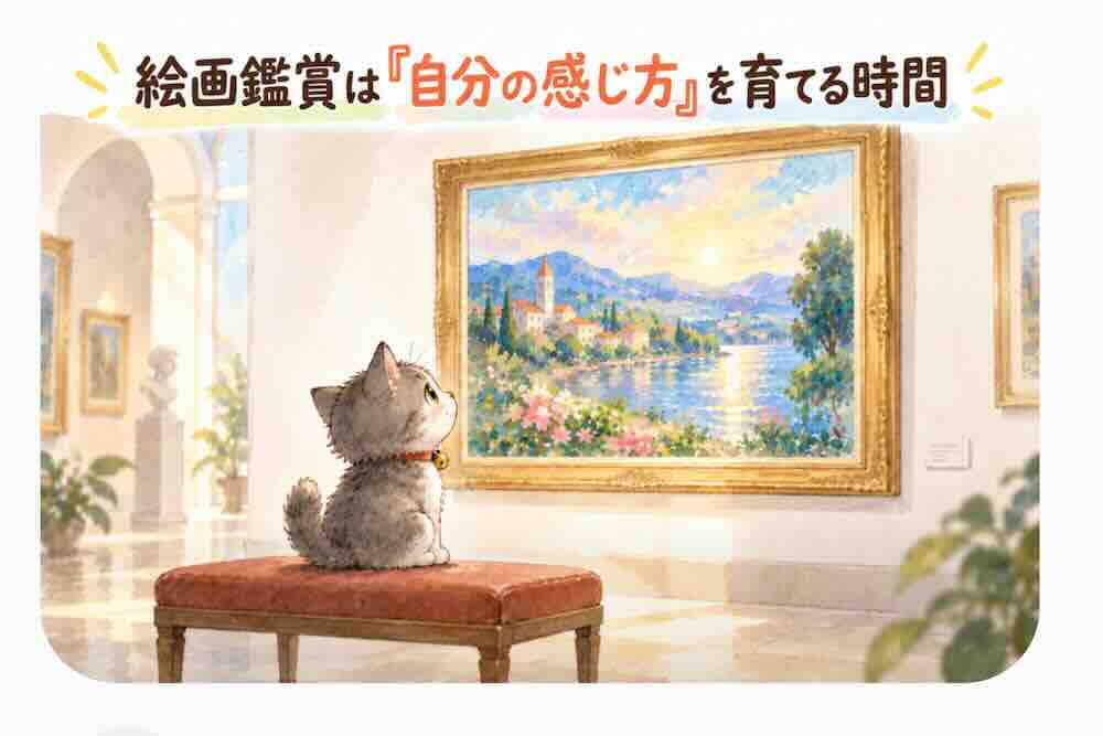 美術館で一枚の絵を静かに見つめる子猫が、絵画鑑賞を通して自分の感じ方を育てているまとめ用イラスト