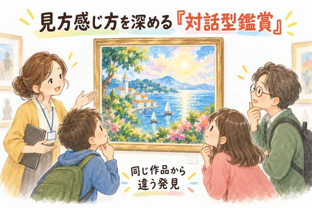 一枚の作品を囲んで対話しながら、他人の見方や感じ方を聞き、自分の鑑賞を深めていく対話型鑑賞のイラスト