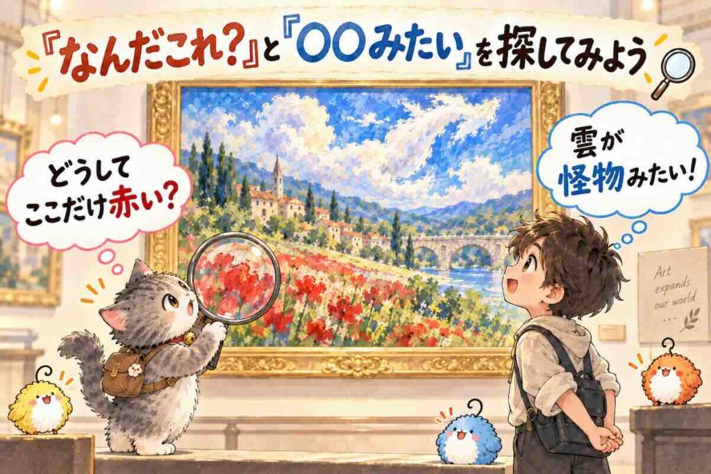 虫眼鏡で絵の赤い部分を見つめる子どもと、雲の形に注目して作品を眺める子どもが、美術鑑賞で想像をふくらませているイラスト