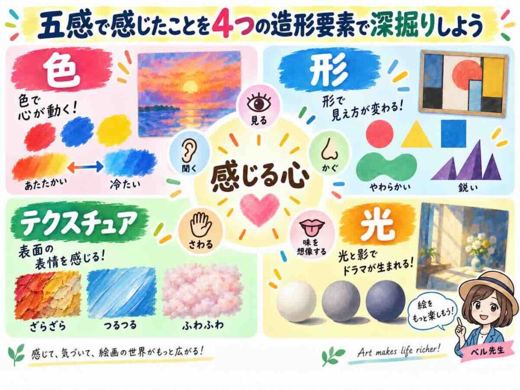 色・形・テクスチュア（質感）・光の4つの造形要素と、中央の「感じる心」を整理した分かりやすい図解