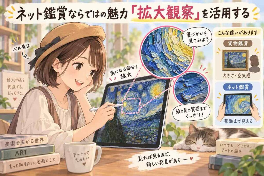 ネット鑑賞で作品を拡大し、筆跡や絵の具の質感を観察するベル先生と、実物鑑賞との違いを示した絵画鑑賞の図解