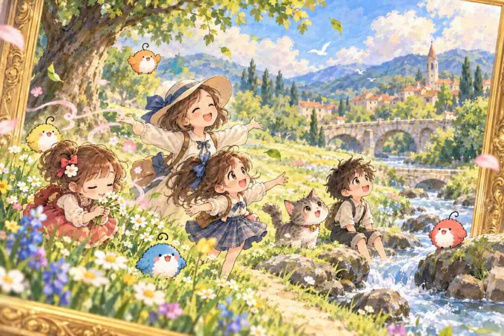 小さくなったぴ太郎、ぺたこちゃん、Namy、ライトくん、ベル先生、モップーたちが風景画の中に入り、風や音や空気を感じながら鑑賞しているイラスト