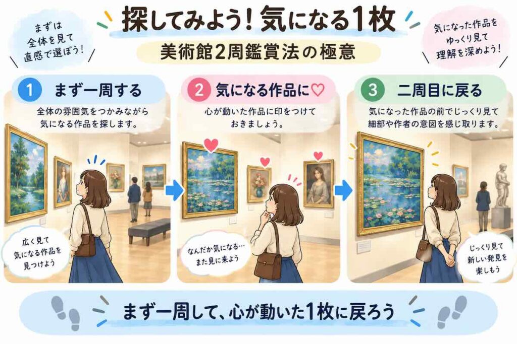 美術館で最初に全体を一周して気になる作品を探し、二周目にその一枚へ戻って深く鑑賞する方法を示した図解