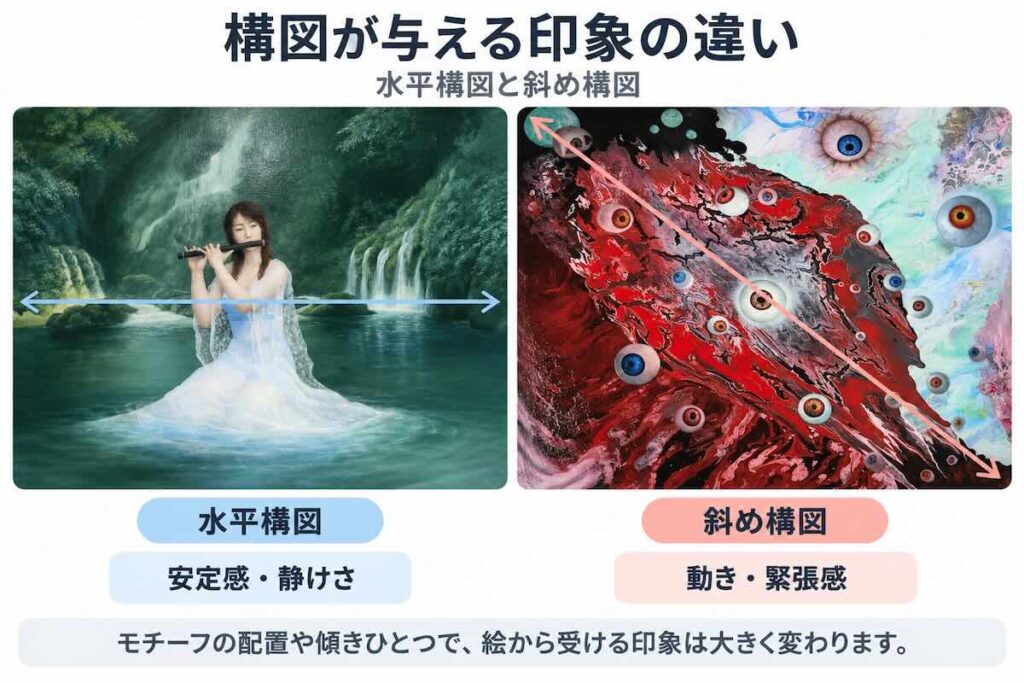 画家マキノロランの水平構図の安定感と斜め構図の動き・不安定さを比較した解説図