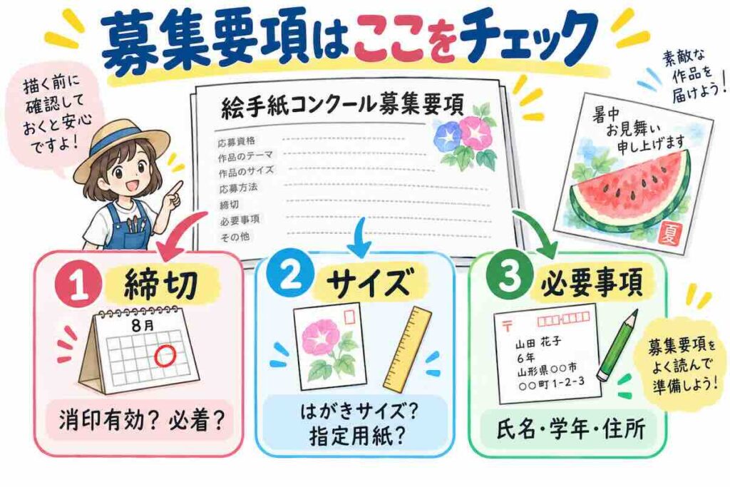 絵手紙コンクールに出す前に募集要項の確認ポイントをまとめた図