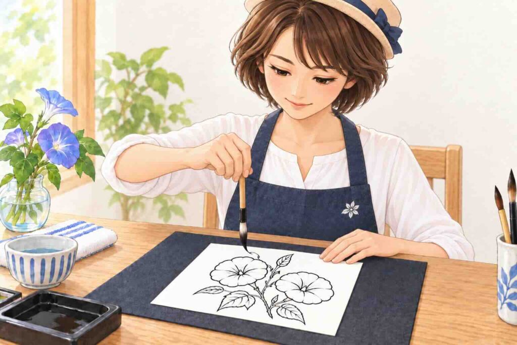 ベル先生が墨の筆で朝顔の輪郭線を描いているイラスト