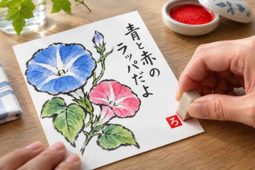 絵手紙に印やサインを入れて仕上げている手元