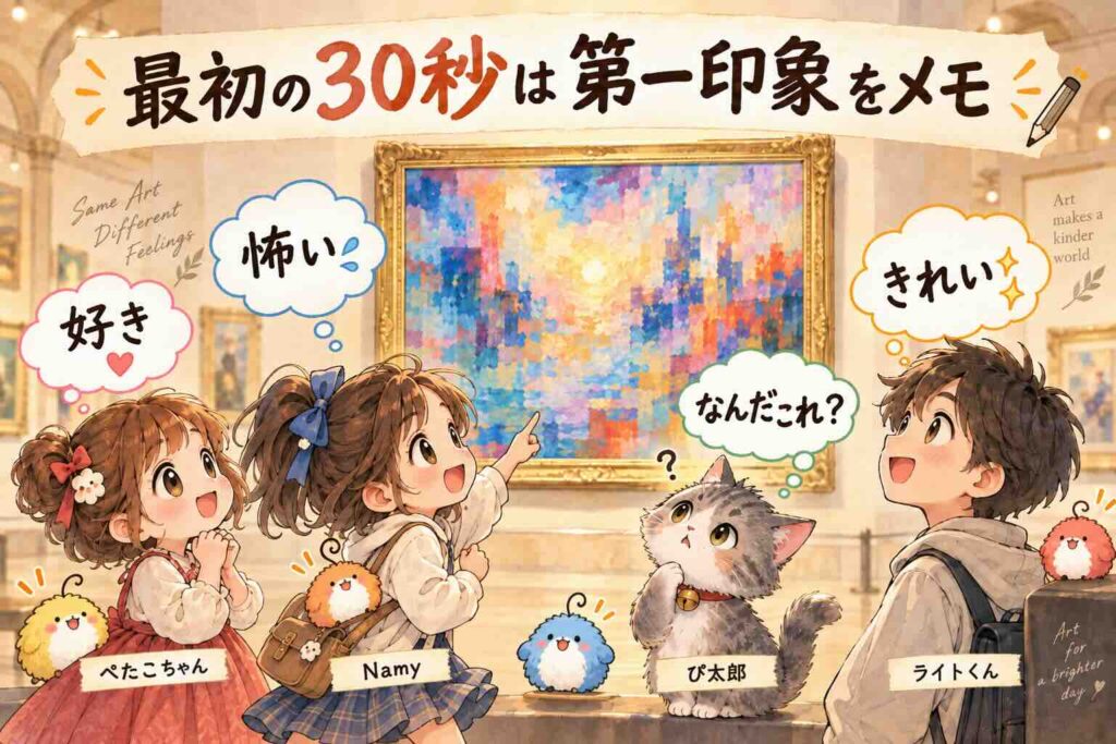美術館でぺたこちゃん、Namy、ぴ太郎、ライトくんが同じ絵を見ながら、好き・怖い・なんだこれ・きれいなど、それぞれ違う第一印象を心の中で感じているイラスト