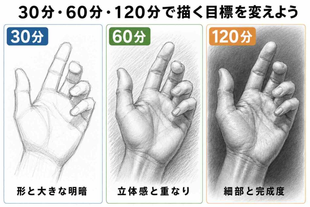 30分・60分・120分で同じ手のポーズを描き分けた比較図