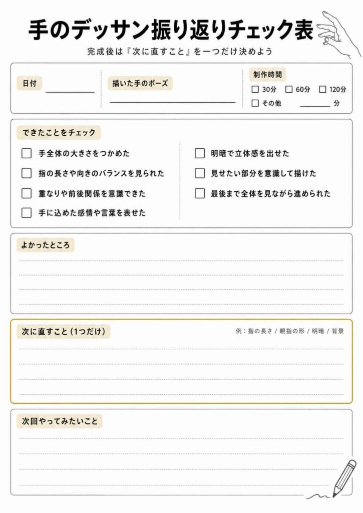 手のデッサン初心者向けに制作時間やできたこと、次に直すことを記録できる振り返りチェック表