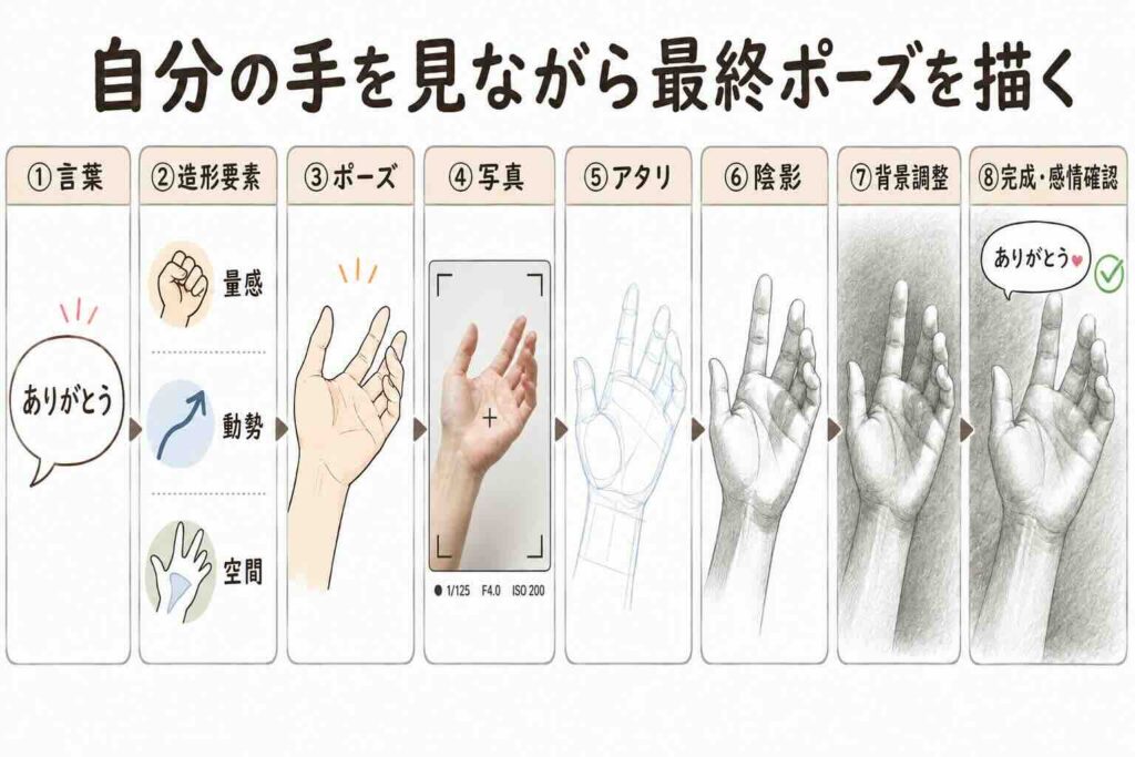 自分の手を見ながら、言葉・造形要素・ポーズ・写真・アタリ・陰影・背景調整・完成確認の8段階で最終ポーズを描く手順を示した解説図