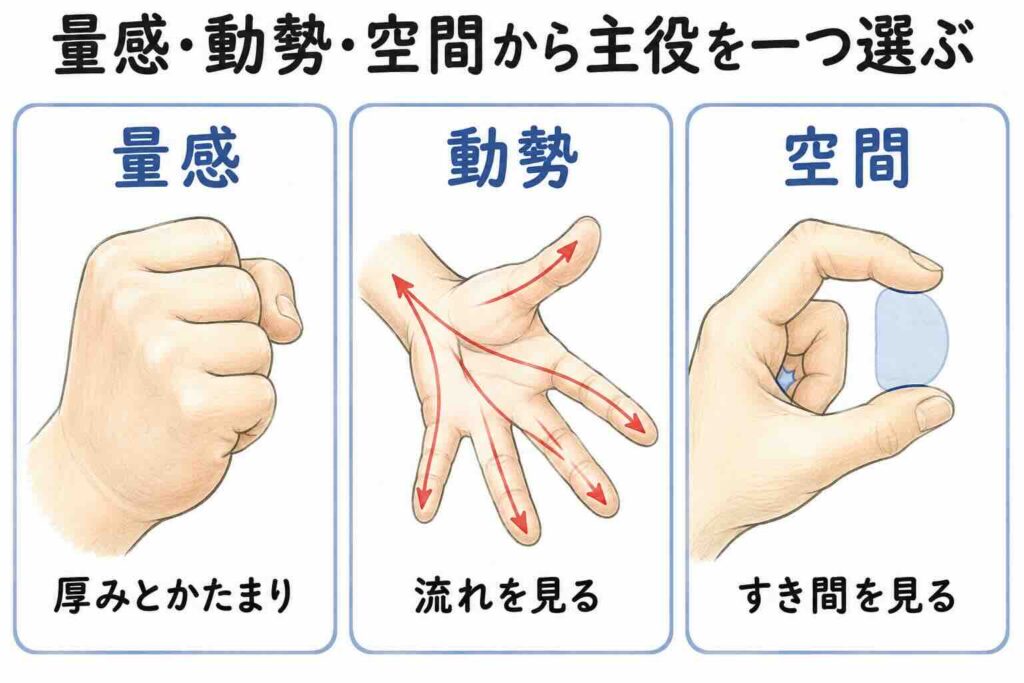 量感・動勢・空間の3つの見方で、手の主役の選び方を比較した図