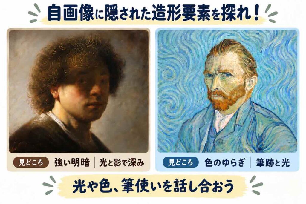 中学校2年生の美術鑑賞で、自画像を比較しながら明暗・色・筆跡・光などの造形要素を考える図解